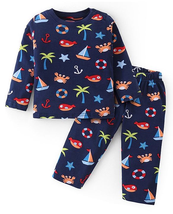 Babyhug Cotton Knit Full Sleeves Night Suit With Beach Theme Print - Navy