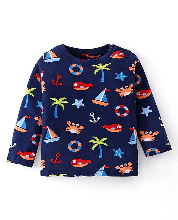 Babyhug Cotton Knit Full Sleeves Night Suit With Beach Theme Print - Navy