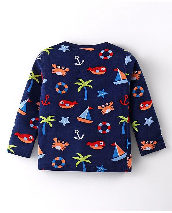 Babyhug Cotton Knit Full Sleeves Night Suit With Beach Theme Print - Navy