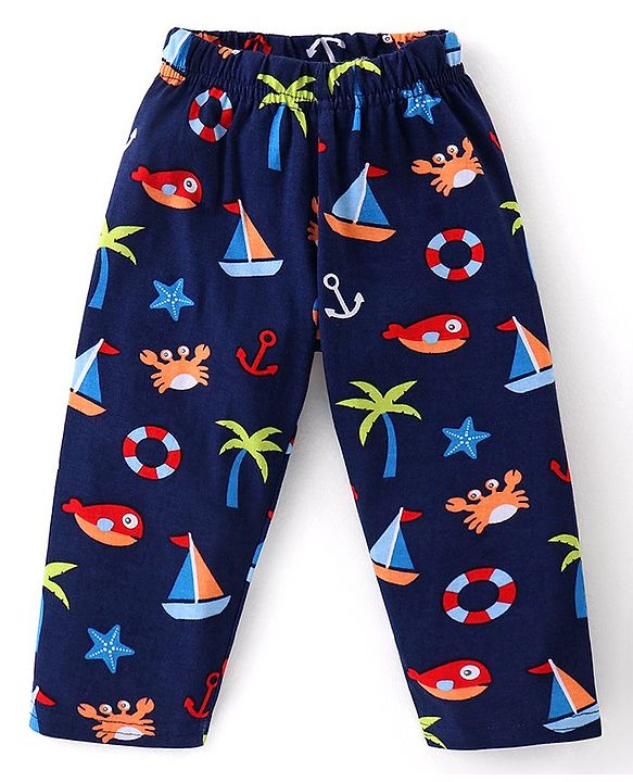 Babyhug Cotton Knit Full Sleeves Night Suit With Beach Theme Print - Navy