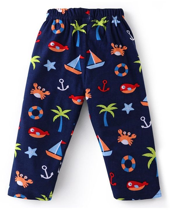 Babyhug Cotton Knit Full Sleeves Night Suit With Beach Theme Print - Navy