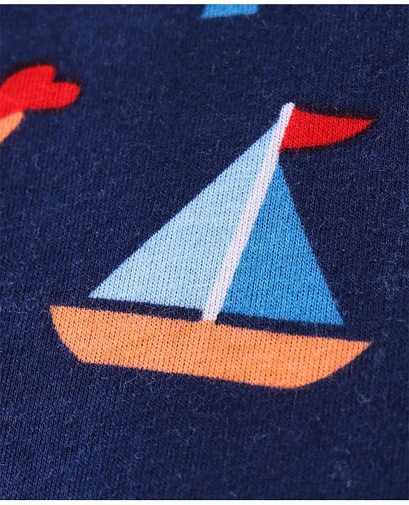 Babyhug Cotton Knit Full Sleeves Night Suit With Beach Theme Print - Navy