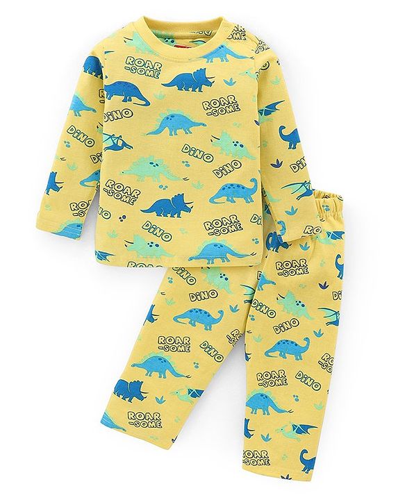 Babyhug Cotton Knit Full Sleeves Night Suit Dino Print- Yellow