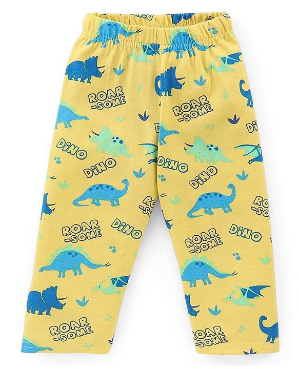 Babyhug Cotton Knit Full Sleeves Night Suit Dino Print- Yellow
