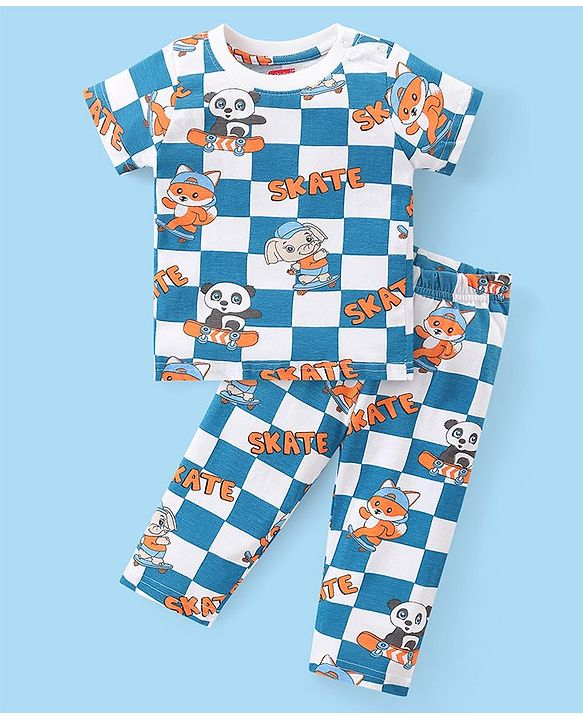 Babyhug Cotton Knit Half Sleeves Night Suit with Panda & Elephant Print - Blue & White