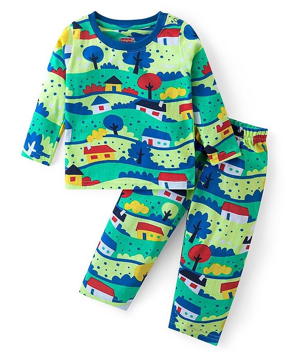 Babyhug Cotton Knit Full Sleeves Night Suit With Scenic Print - Green