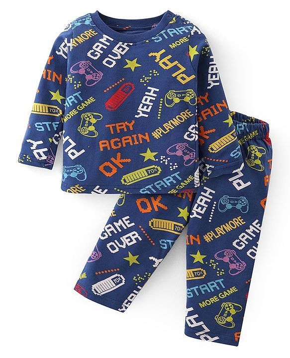 Babyhug Cotton Knit Full Sleeves Night Suit With Gaming Theme Print - Navy