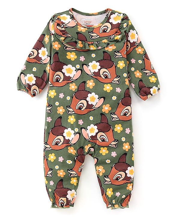 Babyhug Disney Interlock Full Sleeves Romper With Bambi Print & Frills Detailing - Green