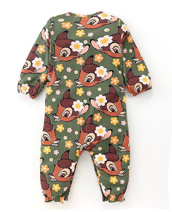 Babyhug Disney Interlock Full Sleeves Romper With Bambi Print & Frills Detailing - Green