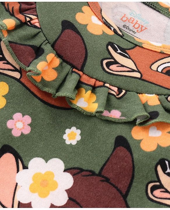 Babyhug Disney Interlock Full Sleeves Romper With Bambi Print & Frills Detailing - Green