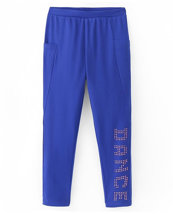 Pine Kids Knit Cotton Elastane Ankle Length Stretch Leggings with Text Print - Blue