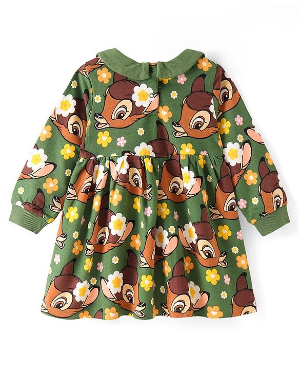 Babyhug Disney Cotton Knit Full Sleeves Peter Pan Collar Neck Frock with Bambi Print & Bow Detailing - Green