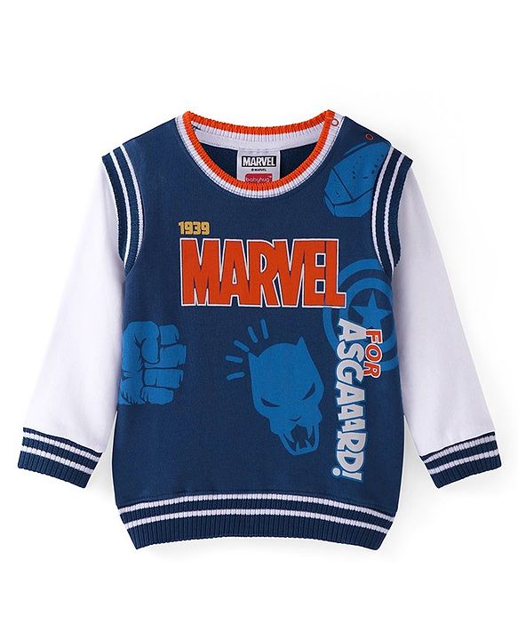 Babyhug Marvel Terry Knit Full Sleeves Sweatshirt with Avengers Graphics - Blue