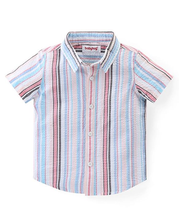 Babyhug Cotton Woven Half Sleeves Regular Collar Striped Shirt & Denim Shorts Set - Multicolor