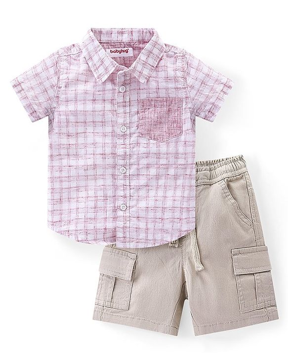 Babyhug Cotton Woven Half Sleeves Checkered Shirt &  Shorts Set - Pink & Beige