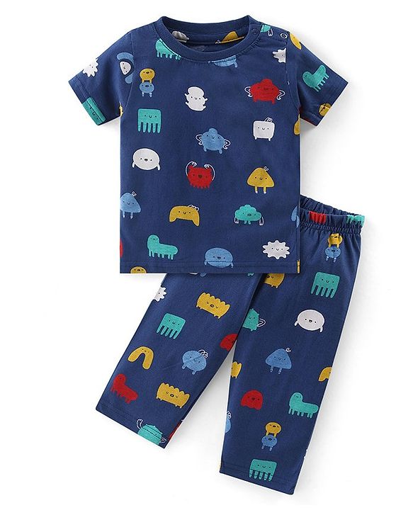 Babyhug Cotton Knit Half Sleeves Printed Night Suit  - Navy Blue