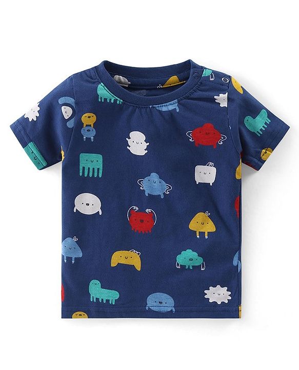 Babyhug Cotton Knit Half Sleeves Printed Night Suit  - Navy Blue