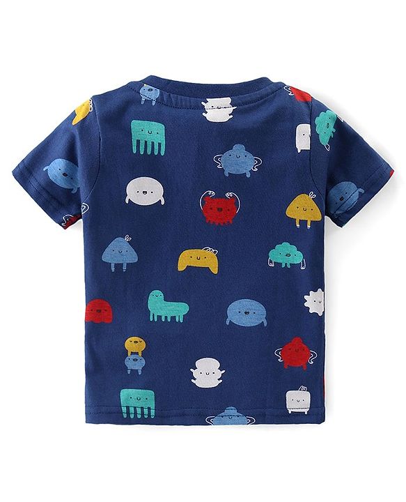 Babyhug Cotton Knit Half Sleeves Printed Night Suit  - Navy Blue