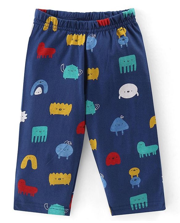 Babyhug Cotton Knit Half Sleeves Printed Night Suit  - Navy Blue