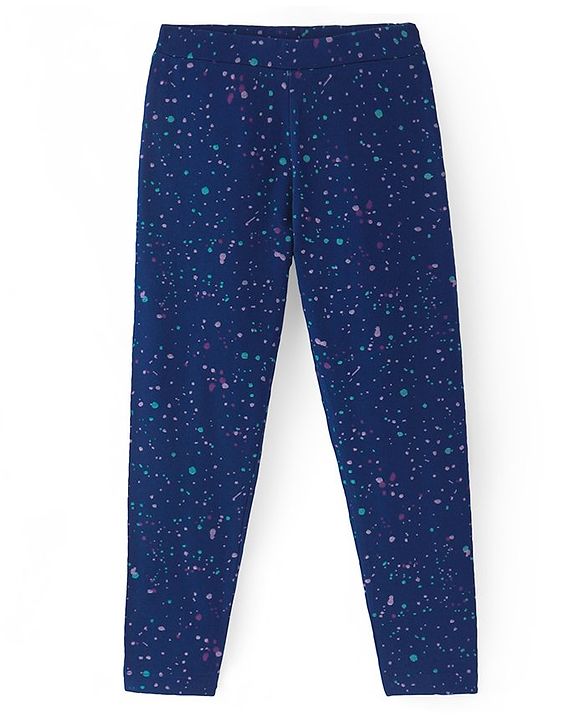Pine Kids Knit Cotton Elastane Ankle Length Stretchable Leggings with Colour Splash Print - Navy Blue