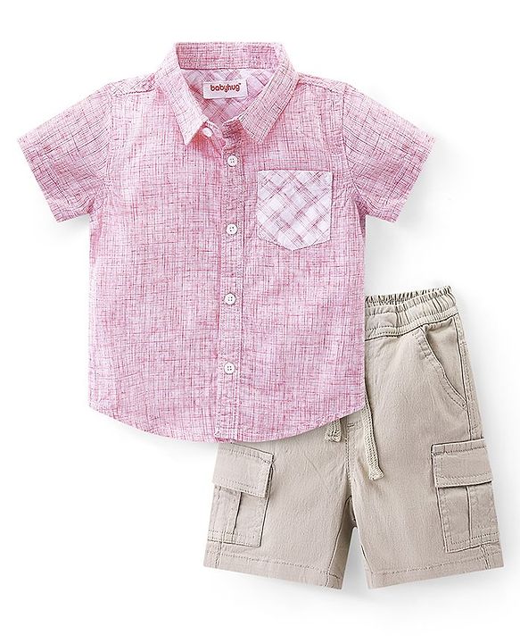 Babyhug Cotton Woven Half Sleeves Striped Regular Collar Shirt & Shorts Set - Pink & Beige