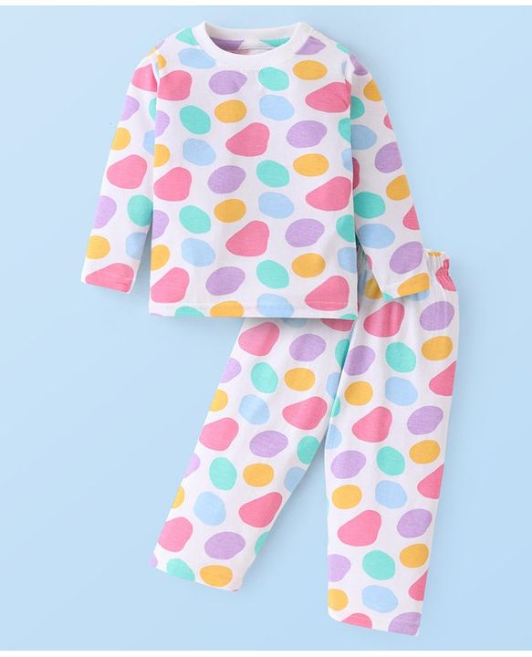 Babyhug Cotton Knit Full Sleeves Printed  Night Suit - White