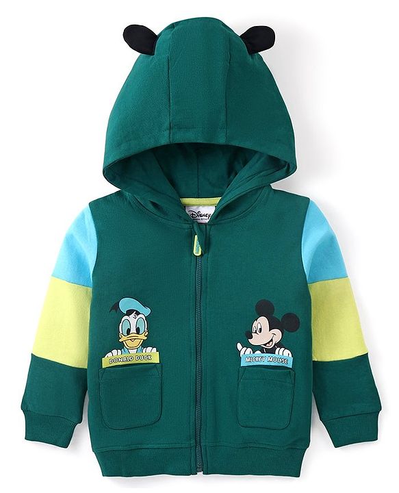 Babyhug Disney Full Sleeves Front Open Hooded Sweatshirt with Mickey Mouse and Friends Graphics & Patch Pocket Detailing- Green