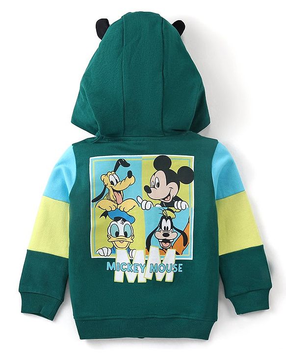 Babyhug Disney Full Sleeves Front Open Hooded Sweatshirt with Mickey Mouse and Friends Graphics & Patch Pocket Detailing- Green