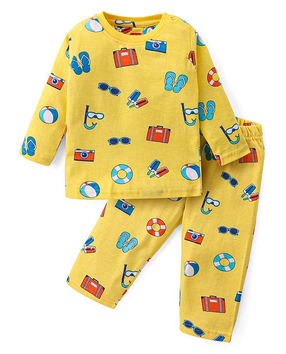 Babyhug Cotton Knit Full Sleeves Night Suit Beach Print - Yellow