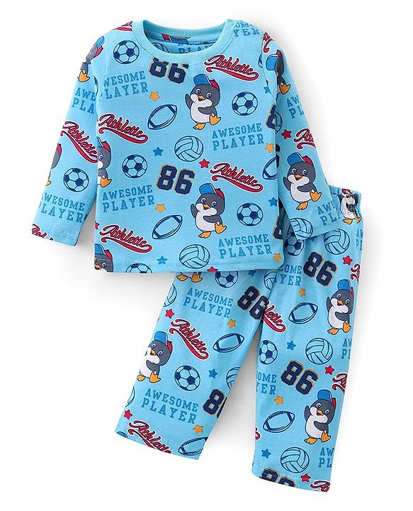 Babyhug Cotton Knit Full Sleeves Night Suit Football Print- Blue