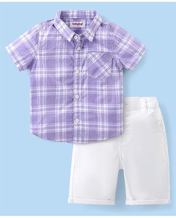 Babyhug Cotton Woven Half Sleeves Checkered Shirt & Shorts Set - Purple & White
