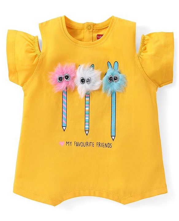 Babyhug Cotton Knit Half Sleeves Top With Fur Applique & Text Print - Orange