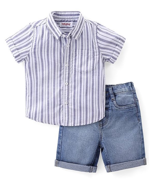 Babyhug Cotton Woven Half Sleeves Striped Shirt & Denim Shorts Set - Multicolor