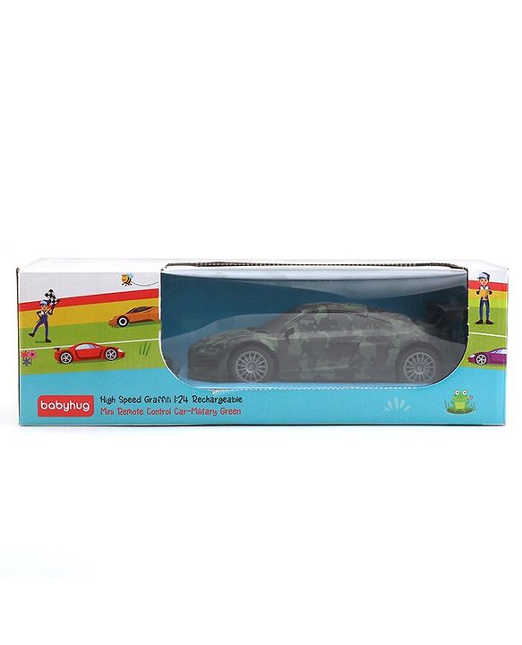 Babyhug 1:24 High-Speed RC Car with Graffiti Design & Rechargeable Battery|Durable Build, USB Charger & Smooth Controls|Indoor-Outdoor Play|4+ Years|BIS Certified|L*B*H: 18x9x5.5 cm|Military Green