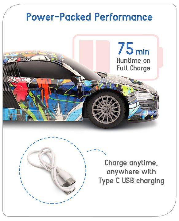 Babyhug 1:24 High-Speed RC Car with Graffiti Design & Rechargeable Battery|Durable Build, USB Charger & Smooth Controls|Indoor-Outdoor Play|4+ Years|BIS Certified|L*B*H: 18x9x5.5 cm|Military Green