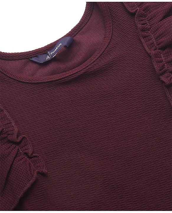 Pine Kids Cotton Knit Frill Sleeves  Solid Frock - Wine