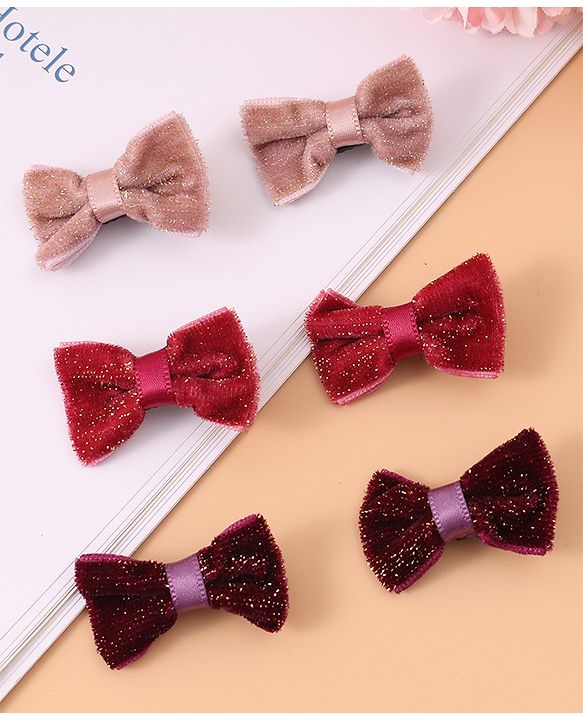 Pine Kids Free Size Glittery Bow & Butterfly Clips Pack of 6 - Red Beige & Purple