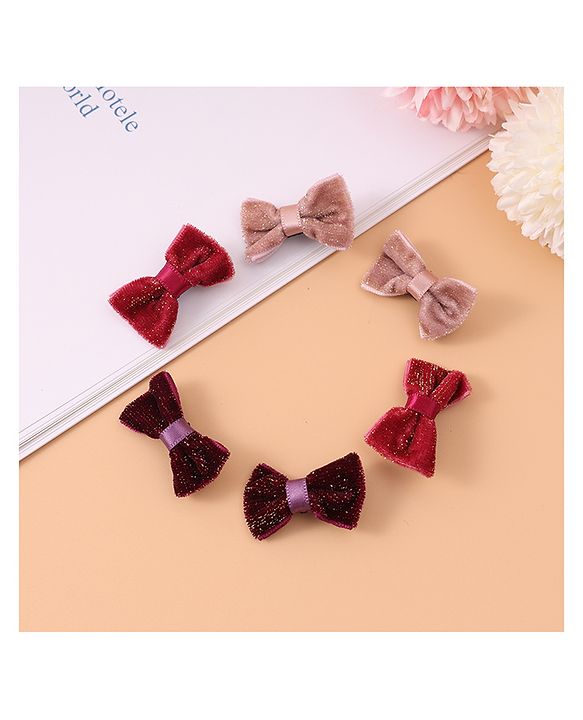 Pine Kids Free Size Glittery Bow & Butterfly Clips Pack of 6 - Red Beige & Purple
