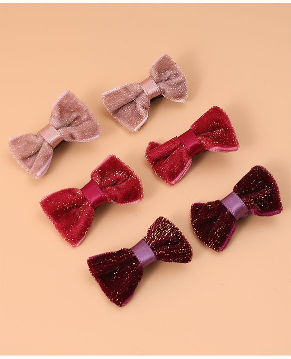 Pine Kids Free Size Glittery Bow & Butterfly Clips Pack of 6 - Red Beige & Purple