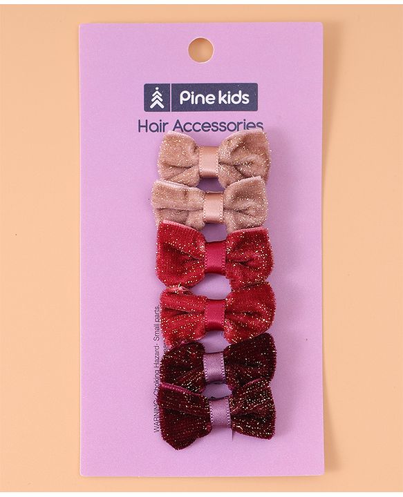 Pine Kids Free Size Glittery Bow & Butterfly Clips Pack of 6 - Red Beige & Purple