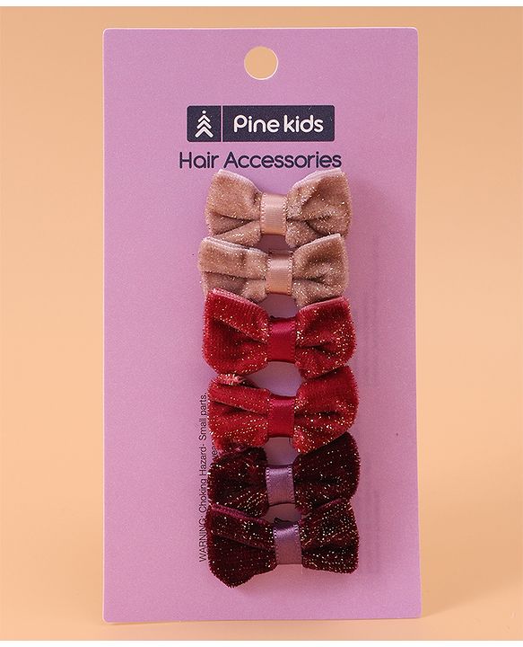Pine Kids Free Size Glittery Bow & Butterfly Clips Pack of 6 - Red Beige & Purple