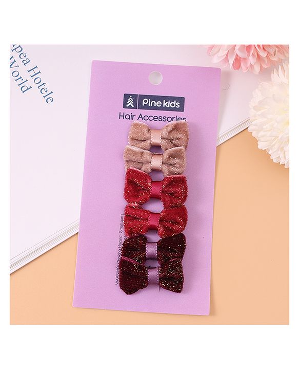 Pine Kids Free Size Glittery Bow & Butterfly Clips Pack of 6 - Red Beige & Purple