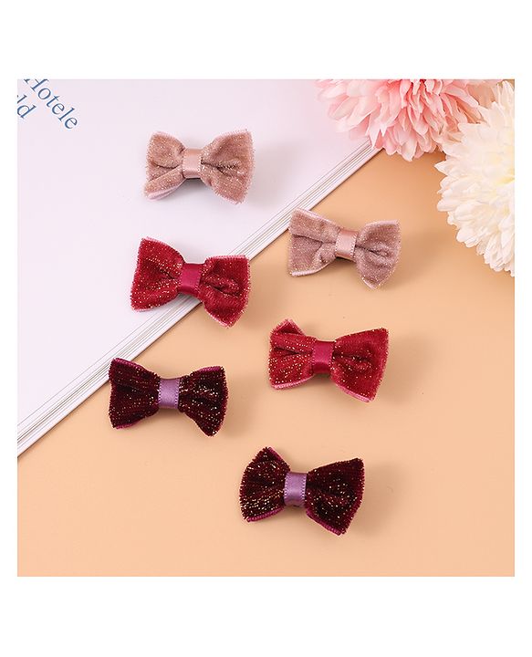 Pine Kids Free Size Glittery Bow & Butterfly Clips Pack of 6 - Red Beige & Purple