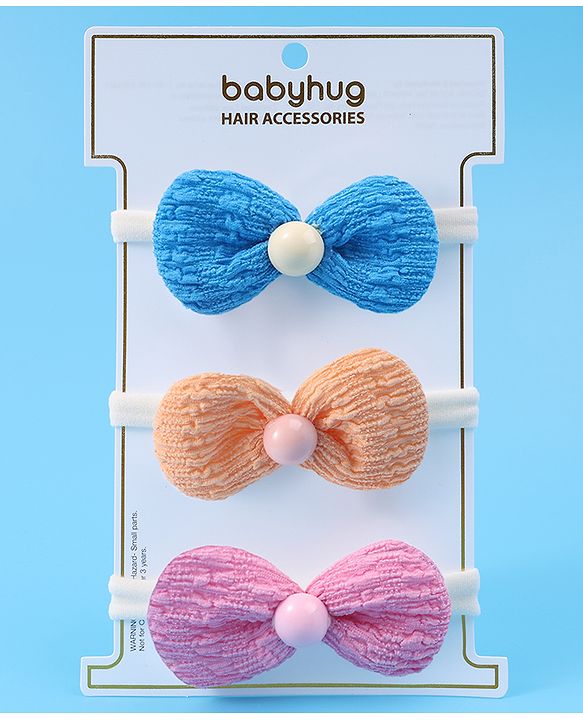 Babyhug Headbands with Bow Applique Pack of 3 Free Size - Blue Pink & Orange