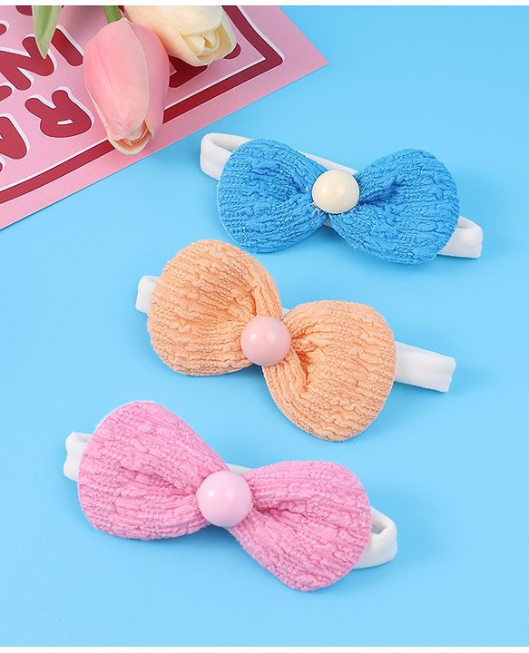 Babyhug Headbands with Bow Applique Pack of 3 Free Size - Blue Pink & Orange