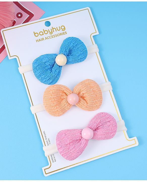 Babyhug Headbands with Bow Applique Pack of 3 Free Size - Blue Pink & Orange