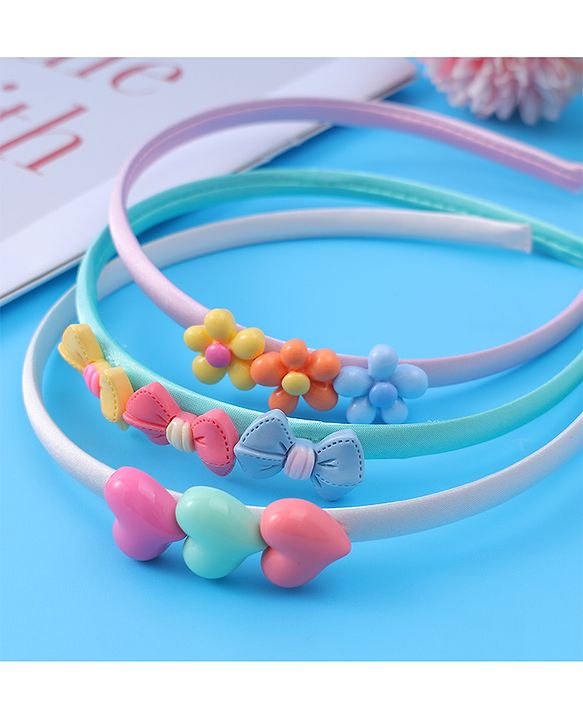Babyhug Heart Flower & Bow Motifs Hair Bands Set of 3 - Green Pink & Beige