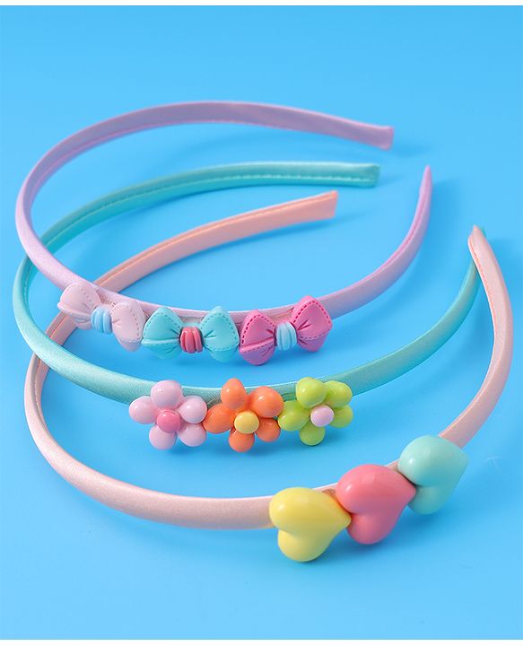 Babyhug Bow Flower & Heart Motifs Hair Bands Set of 3 - Peach Green and Pink