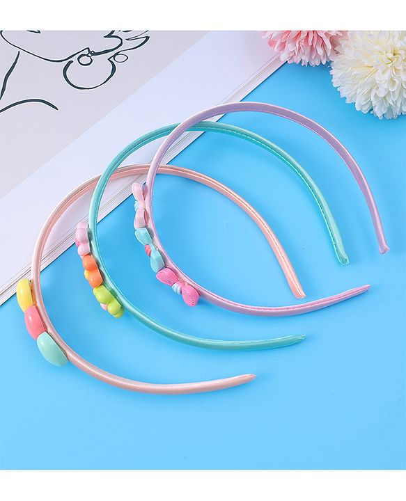 Babyhug Bow Flower & Heart Motifs Hair Bands Set of 3 - Peach Green and Pink