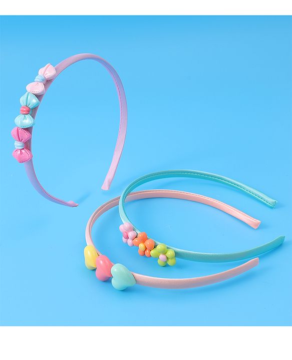 Babyhug Bow Flower & Heart Motifs Hair Bands Set of 3 - Peach Green and Pink